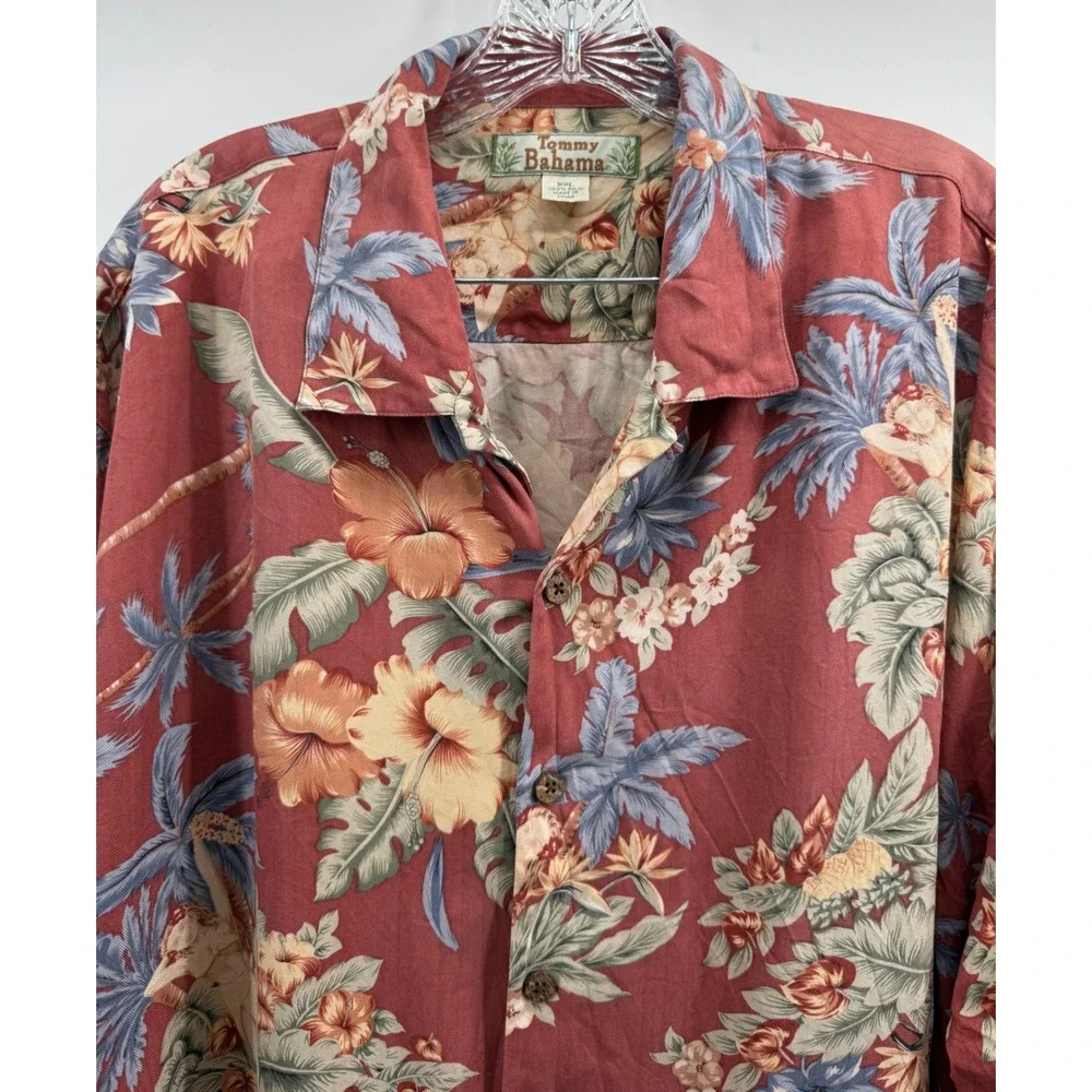 Tommy Bahama Mens XXL Red Silk Hula Girl Palm Tree Tropical Camp Shirt